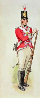 British soldier in Napoleonic times carrying a musket (w/c) à Ecole anglaise, (19ème siècle)
