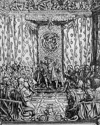 King Henry VIII (1491-1547) in Parliament, from a contemporary print (engraving) à Ecole anglaise, (19ème siècle)