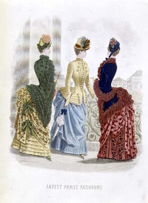 Latest Paris Fashions, three day dresses in a fashion plate from 'The Queen', May 1885 (coloured eng à Ecole anglaise, (19ème siècle)