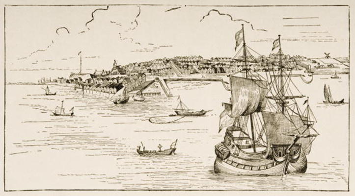 New York in 1673, from 'American Pictures' published by the Religious Tract Society, 1876 (engraving à Ecole anglaise, (19ème siècle)