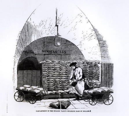 Stacking Bags of Dollars in a Compartment in the Bullion Vault, from 'Illustrated London News' publi à Ecole anglaise, (19ème siècle)