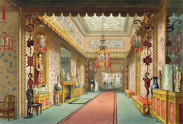 The Chinese Gallery, from 'Views of the Royal Pavilion, Brighton' by John Nash (1752-1835), 1826 (aq à Ecole anglaise, (19ème siècle)