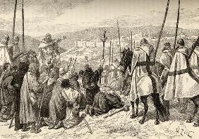 Pilgrims under escort of Knights Templar in front of Jerusalem in the 12th century (engraving)