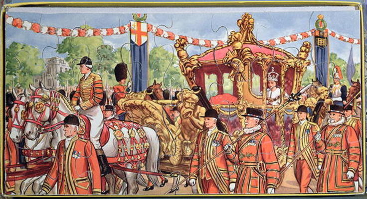 Jigsaw puzzle depicting the Coronation of Queen Elizabeth II (b.1926) 2nd June 1953 (colour litho on à Ecole anglaise, (20ème siècle)