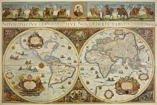 Carte de terre dans deux hémisphères avec le portrait du pape Innocent XI  et image du prince europé à Erdkarte
