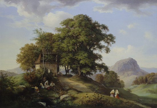 paysage montagneux avec un groupe d'arbres et la chapelle à Ernst Ferdinand Oehme