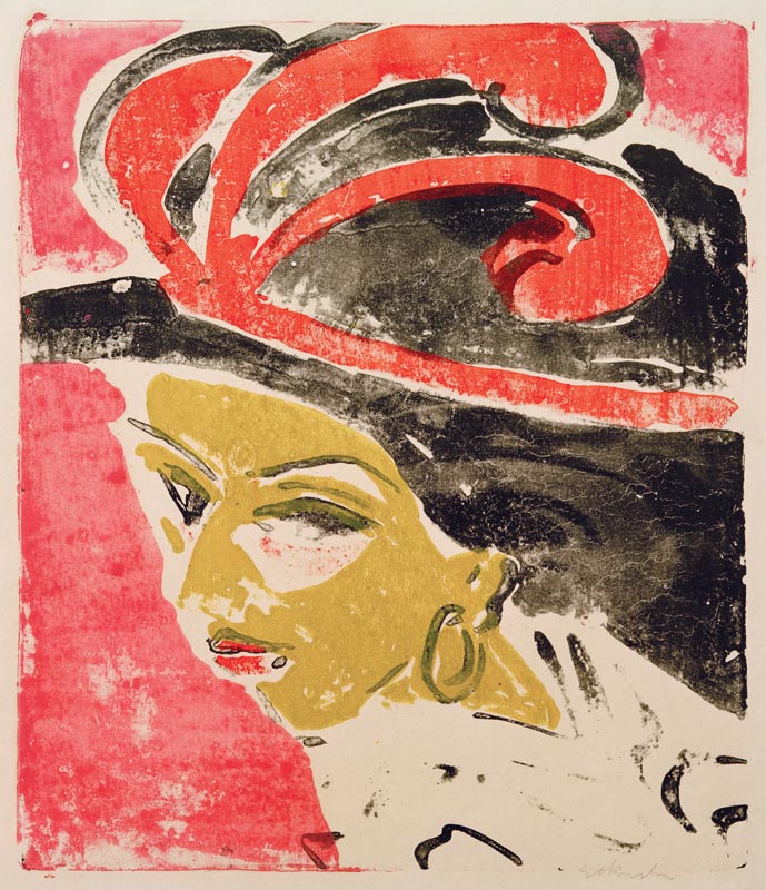 Kokottenkopf avec le chapeau de plume. à Ernst Ludwig Kirchner