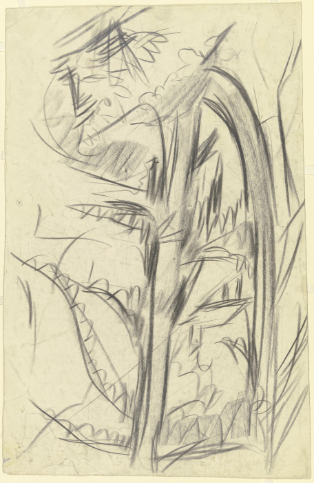 Blick durch zwei Fichten auf eine Hütte à Ernst Ludwig Kirchner