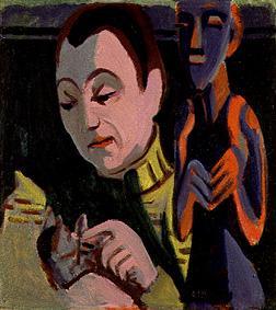 Portrait d'Erna avec le chat et le personnage de bois à Ernst Ludwig Kirchner