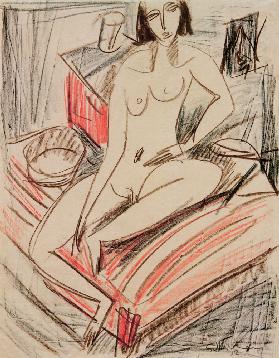 Femme nue, assise sur le lit
