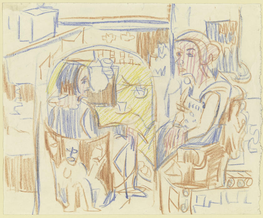 Zwei Frauen am Kaffeetisch in Kirchners Atelier à Ernst Ludwig Kirchner