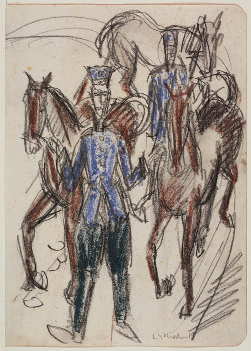 Zwei reitende Artilleristen mit drei Pferden à Ernst Ludwig Kirchner