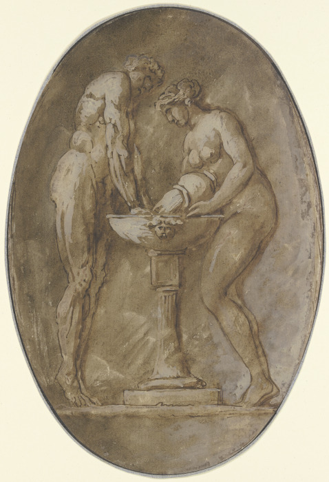 Ein nackter Mann, auf Zehenspitzen stehend, hält seine Hände in ein Becken, in das eine dem Mann geg à Étienne de La Vallée Poussin