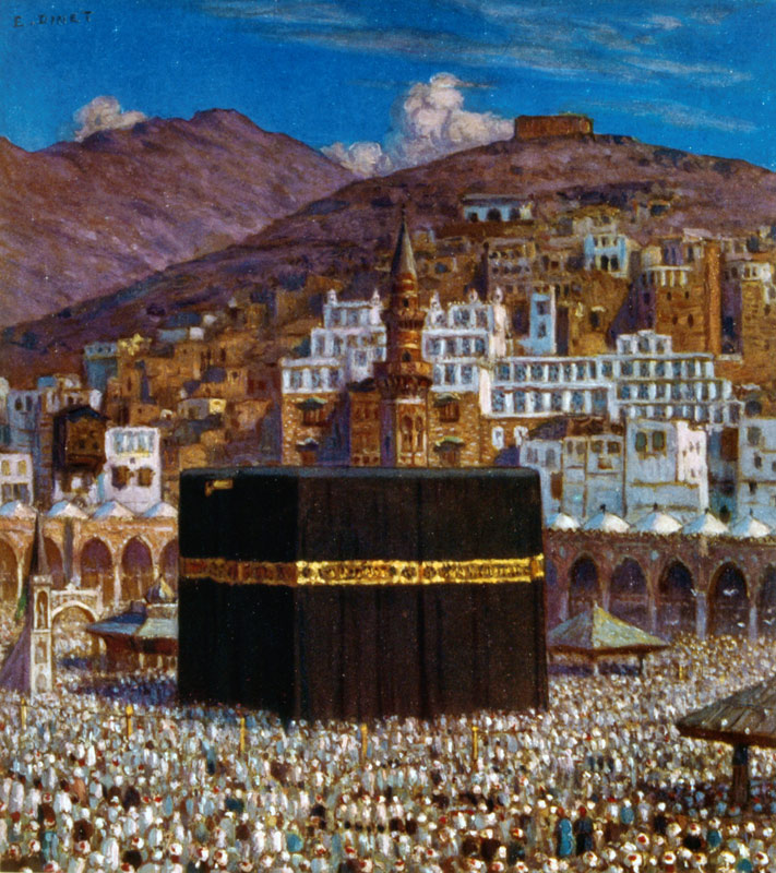 Illustration depicting Moslem pilgrims at the Kabbah in Mecca. by Nasreddine Dinet à Etienne Dinet