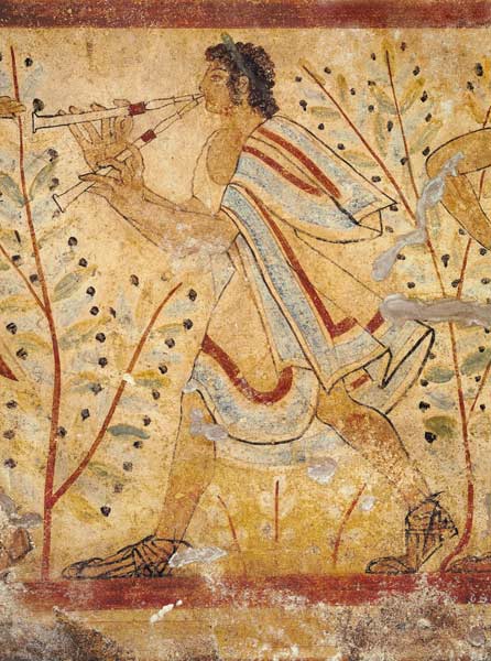 Musician playing the Pipes, from the Tomb of the Leopard à Étrusque
