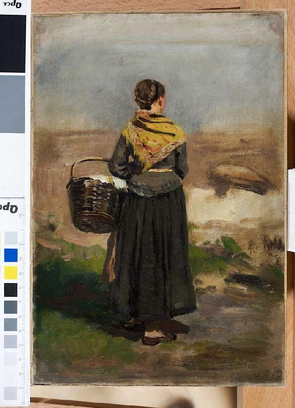 Rückenfigur einer stehenden Frau in Landschaft (Studie) à Eugen Dücker