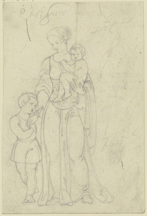 Frau im Renaissance-Habit mit einem Kind auf dem Arm und einem Jungen zu ihrer Rechten (Maria mit de à Eugen Eduard Schäffer