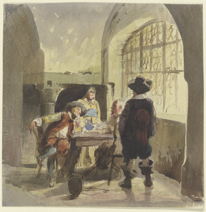 Drei Kriegsleute aus der Zeit des Dreißigjährigen Krieges in einem Gemach, dabei eine Frau à Eugen Klimsch