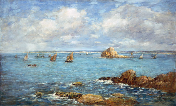Douarnenez, baie de mer avec des navires à Eugène Boudin