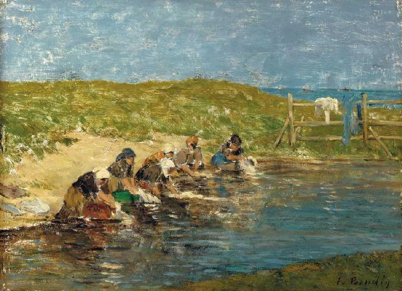 Wäscherinnen am Rand eines Teiches. à Eugène Boudin