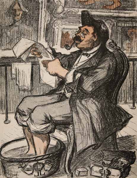 A government official reading his newspaper with a footbath, illustration from ''L''assiette au Beur à Eugene Cadel