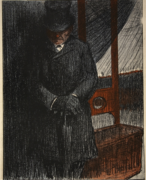 An undertaker awaits his next victim by the guillotine, illustration from ''L''assiette au Beurre: L à Eugene Cadel