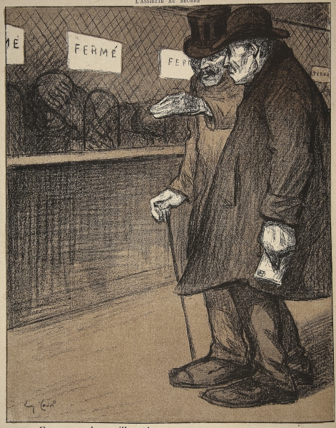 Two elderly gentlemen walking past closed counters, illustration from ''L''assiette au Beurre: Les F à Eugene Cadel
