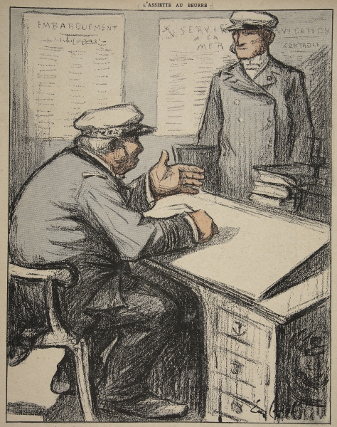 Two maritime gentlemen in their offices, illustration from ''L''assiette au Beurre: Les Fonctionnair à Eugene Cadel