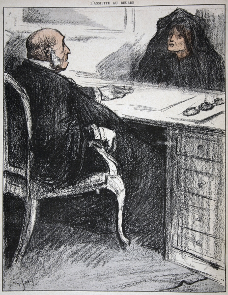 Widow with a justice official, illustration from ''L''assiette au Beurre: Les Fonctionnaires'', 9th  à Eugene Cadel