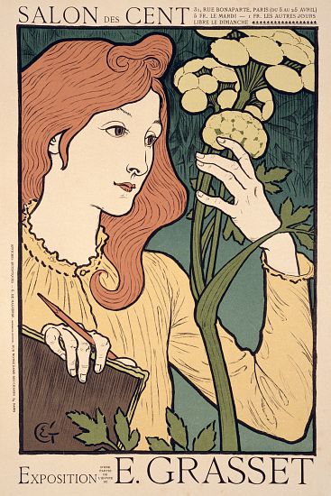 Reproduction of a poster advertising an 'Exhibition of work by Eugene Grasset, at the Salon des Cent à Eugene Grasset