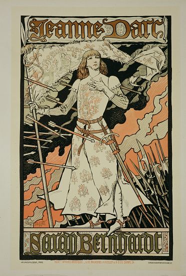 Reproduction of a poster advertising 'Joan of Arc', starring Sarah Bernhardt at the Renaissance Thea à Eugene Grasset