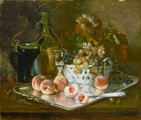 Nature morte avec pêches, raisins et verre de vin