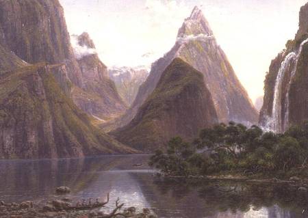 Native figures in a canoe at Milford Sound, West Coast of South Island, New Zealand, also depicted a à Eugene von Guerard