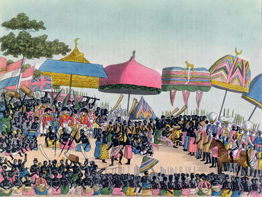 Reception for the English Ambassador held by the Ashanti at Comassi, Ghana, c.1818, engraved by A. B à Ecole Européenne, (19ème siècle)