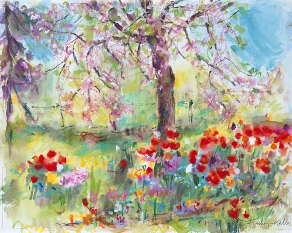 Tulips under blossoming apple tree. à Eva Fischer-Keller
