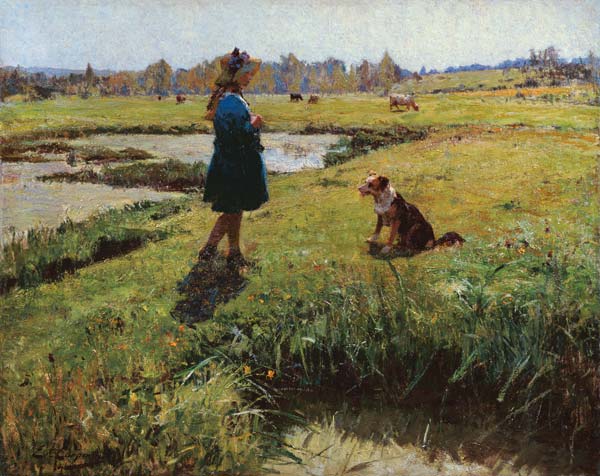 Young Girl with her Dog in the Meadows à Evariste Carpentier
