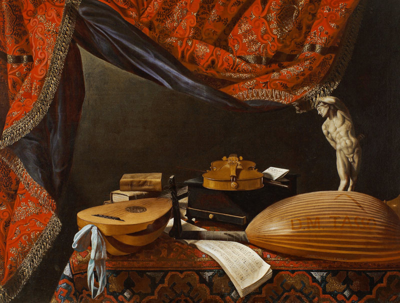 Still life with Musical Instruments, Books and Sculpture à Evaristo Baschenis