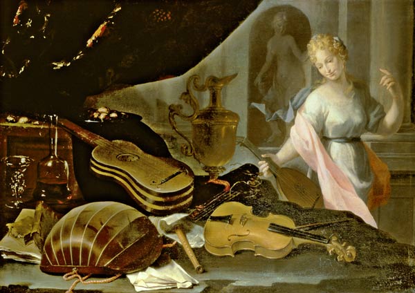 Still Life of Musical Instruments, with a Female Figure à Evaristo Baschenis