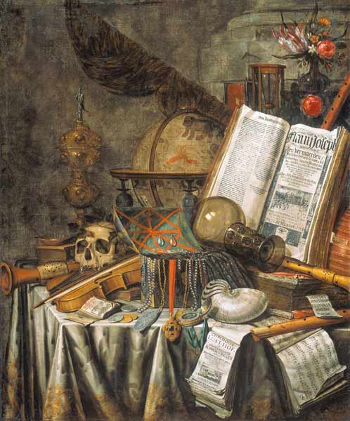 Vanitas - nature morte avec des instruments de musique, globe astrologique et autres morceaux à Evert Collier