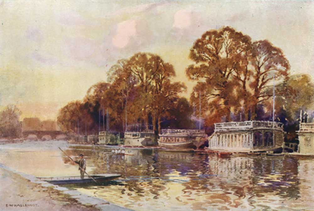 The College Barges and Folly Bridge à E.W. Haslehust