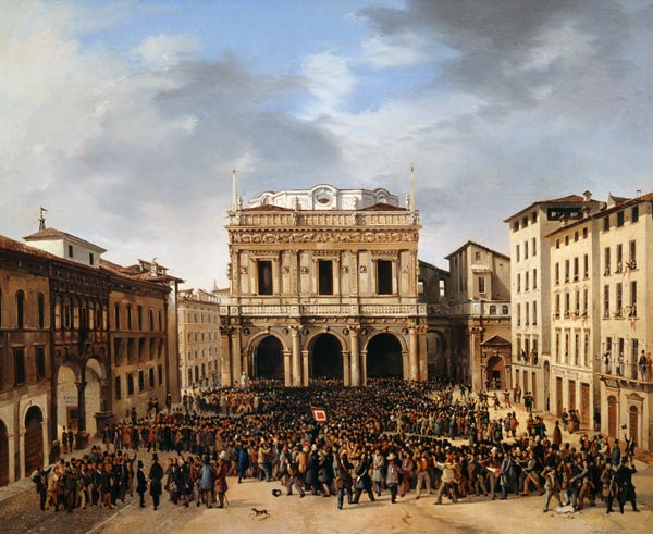 The People of Brescia gathered in the Piazza della Loggia 23rd March 1849 à Faustino Joli