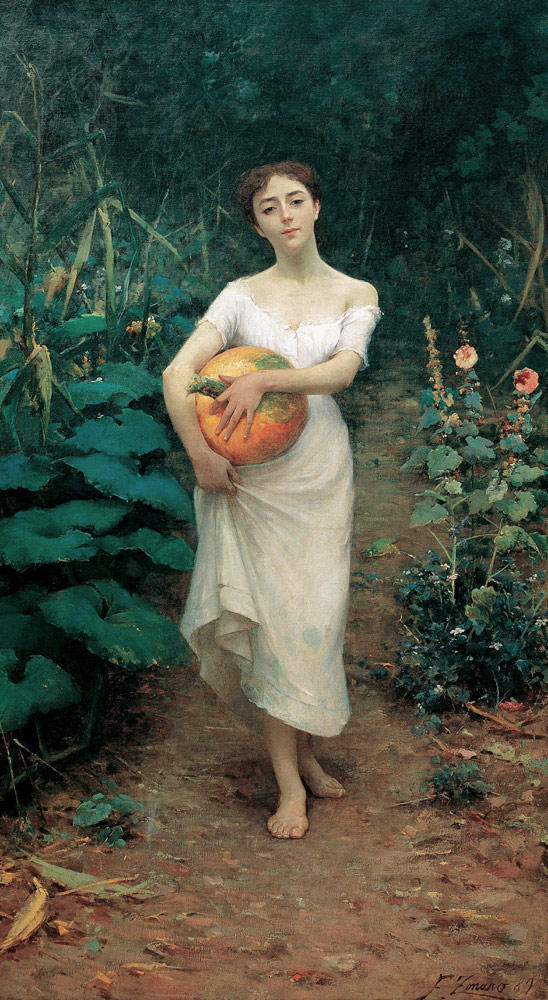 Young Girl Carrying a Pumpkin à Fausto Zonaro