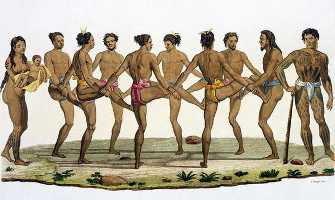 Dance of the Caroline Islanders, plate 22 from 'Le Costume Ancien et Moderne' by Jules Ferrario, pub à Felice Campi