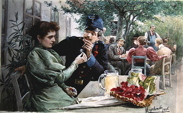 Soldier and a Young Girl Drinking New Wine, 1896 (w/c on paper)  à Felicien baron de Myrbach-Rheinfeld