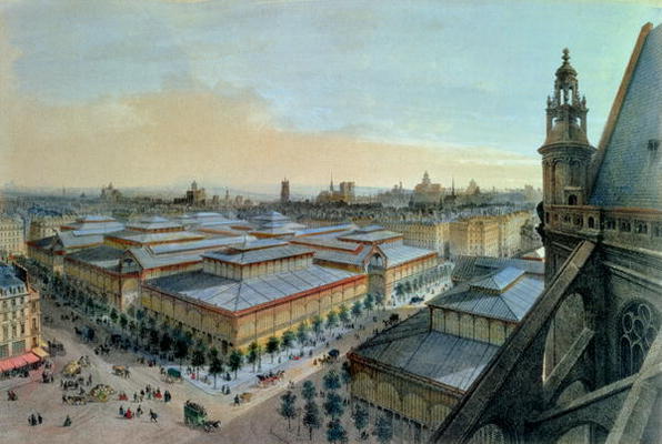 View of Les Halles in Paris taken from Saint Eustache upper gallery, c. 1870-80 (colour litho) à Felix Benoist