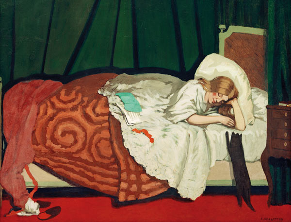 Woman in bed playing with a cat à Felix Vallotton