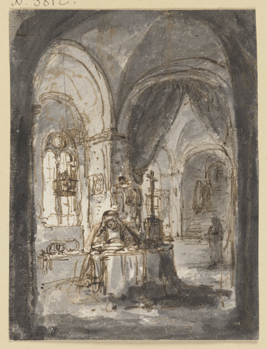 Eine Nonne sitzt in einer Kirche am Altar à Ferdinand Bol