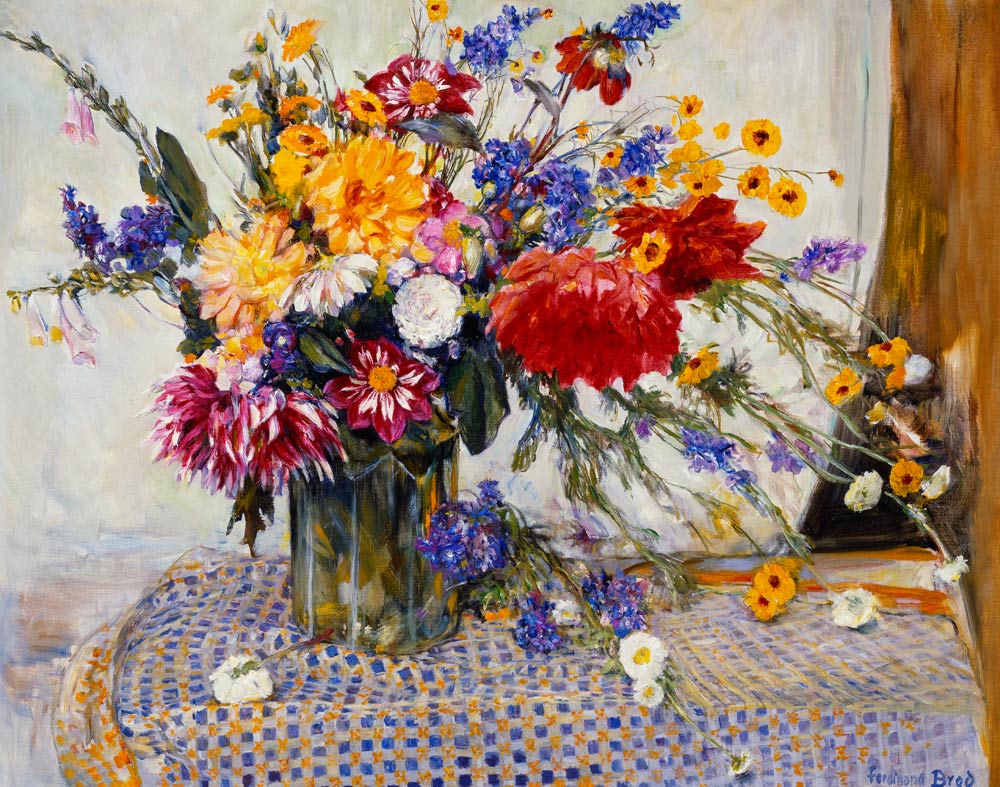 Rittersporn, Rosen, Pfingstrosen, Dahlien und andere Blumen in einer Vase. à Ferdinand Brod