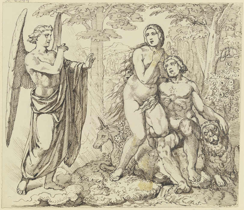 Ein Engel überbringt Adam und Eva Gottes Verbot, vom Baum der Erkenntnis des Guten und Bösen zu esse à Ferdinand Fellner
