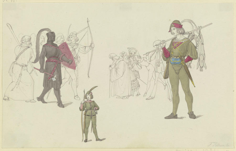 Ein schwarzer Ritter, Bogenschützen, ein Jäger sowie Maskenträger à Ferdinand Fellner